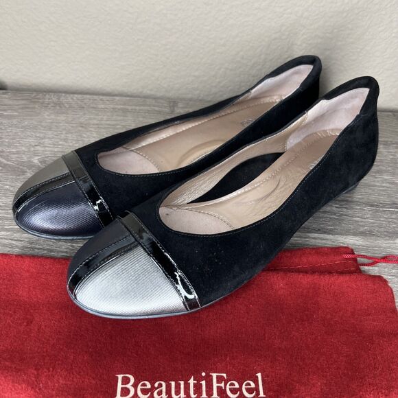 BeautiFeel Cap Toe Ballet Shoe Dress Pump Flat Leather EU 40 US 9.5 Black Silver - Picture 1 of 13